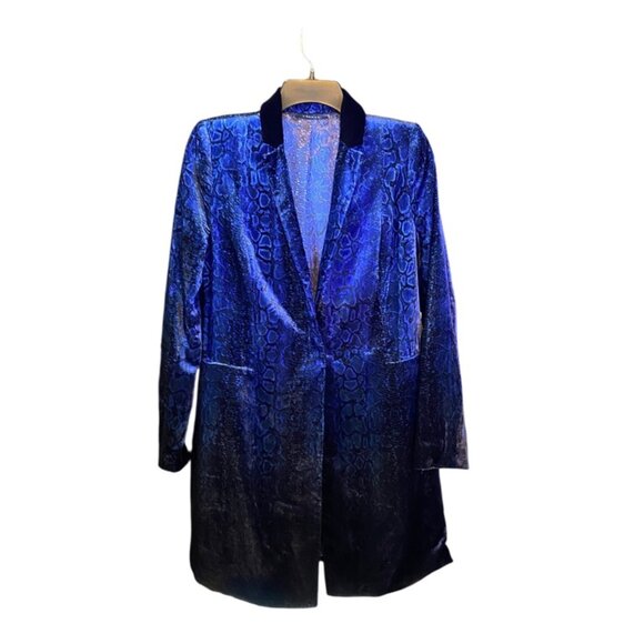 ELIE TAHARI OMBRE VELVET ANIMAL PRINT SMOKING JACKET BLAZER DUSTER ROYAL BLUE S - Picture 1 of 11